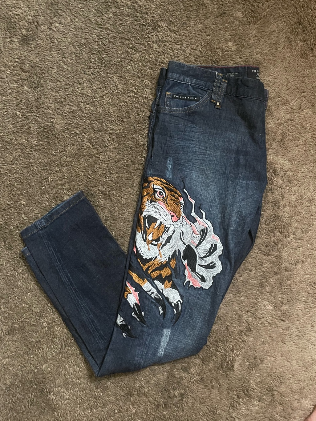 Philipp Plein Dark Blue Jeans With Embroidered Tiger